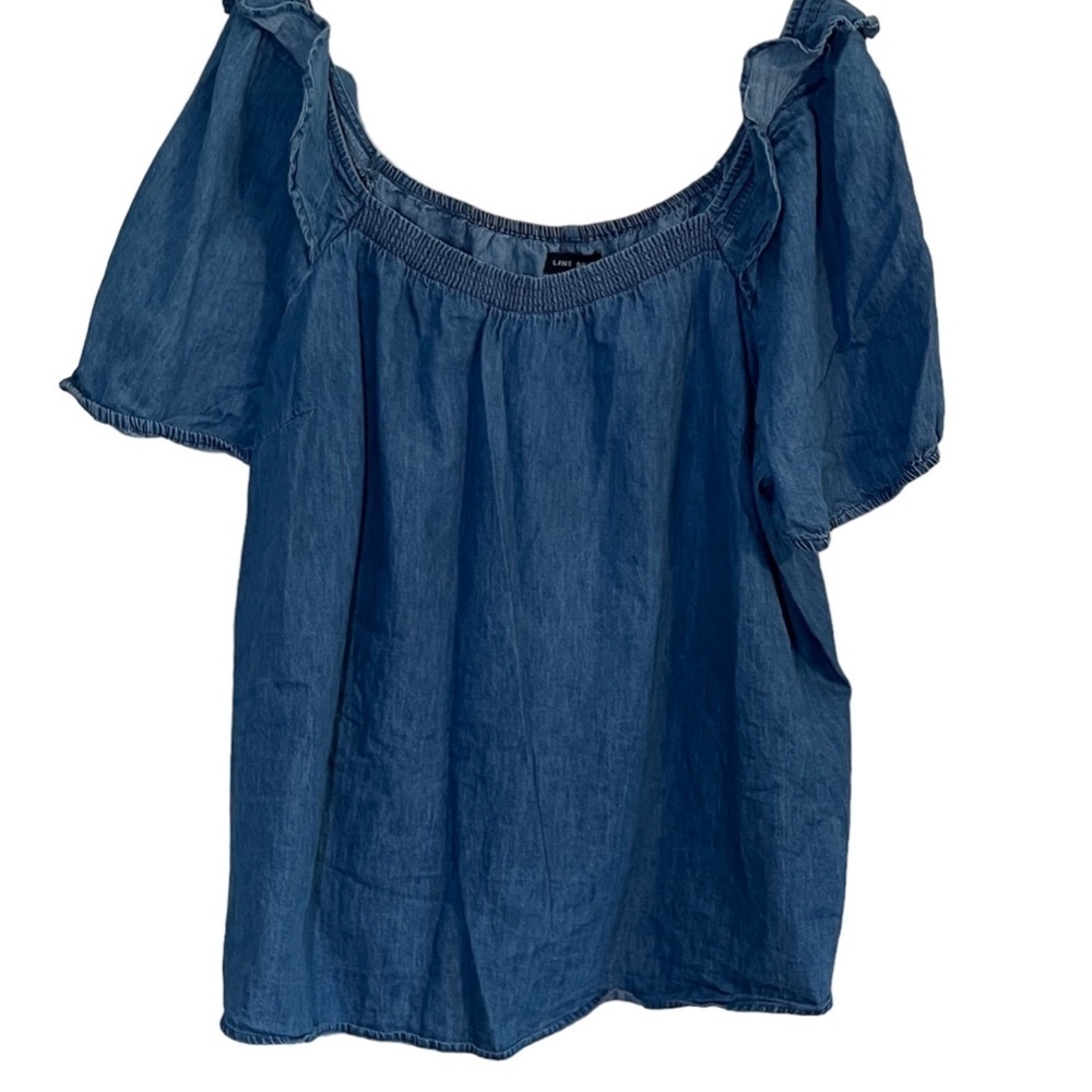 Lane Bryant Top Women 26 Blue Denim Ruffle Smocked Neutral Boho Western Cowgirl